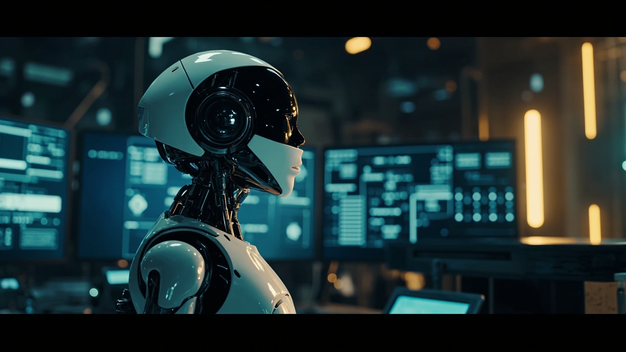 A robot assistant figure standing before multiple glowing screens showing connected systems